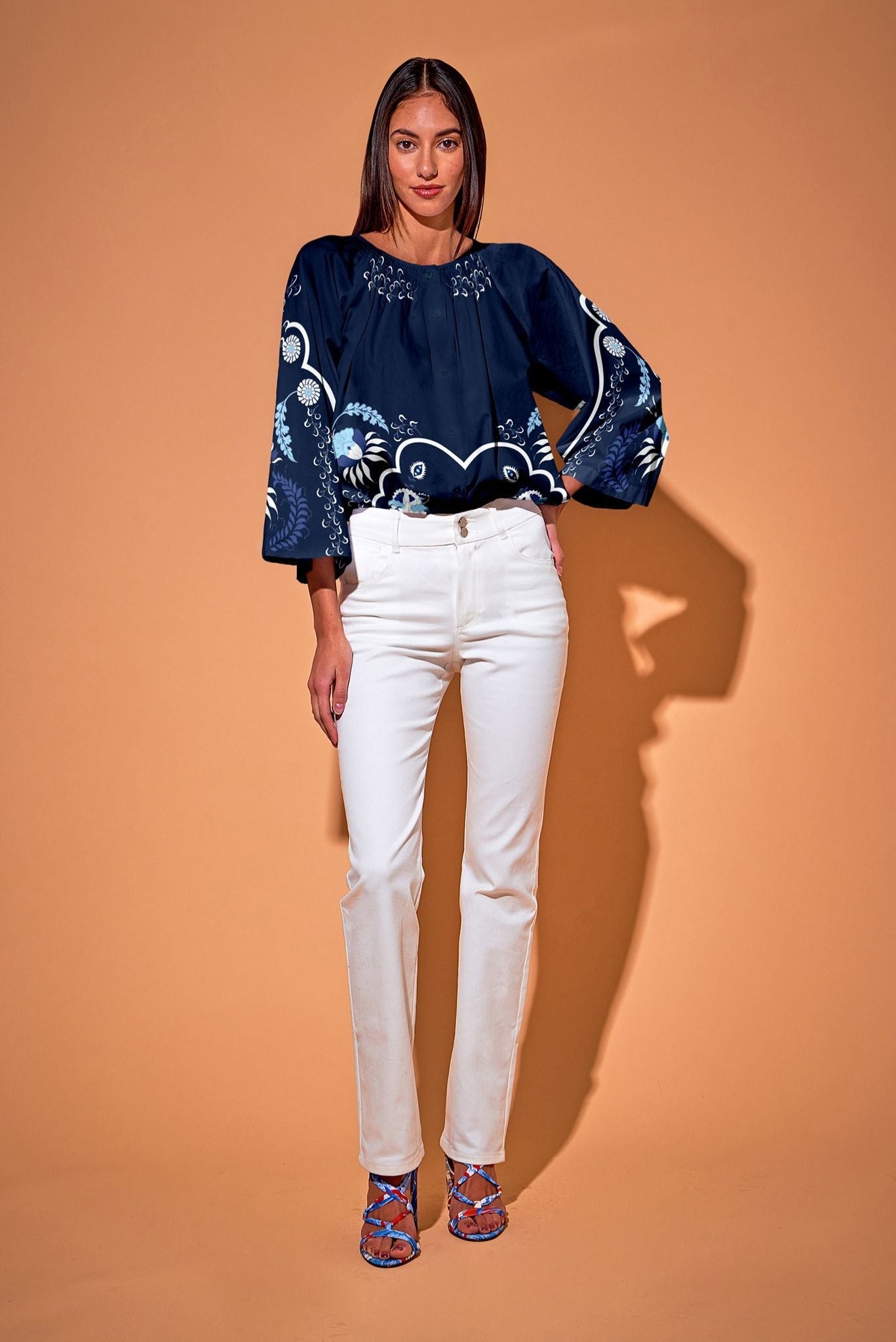 Flare Sleeve Classic Blouse in Polished Cotton | Navy Dutch Blossoms