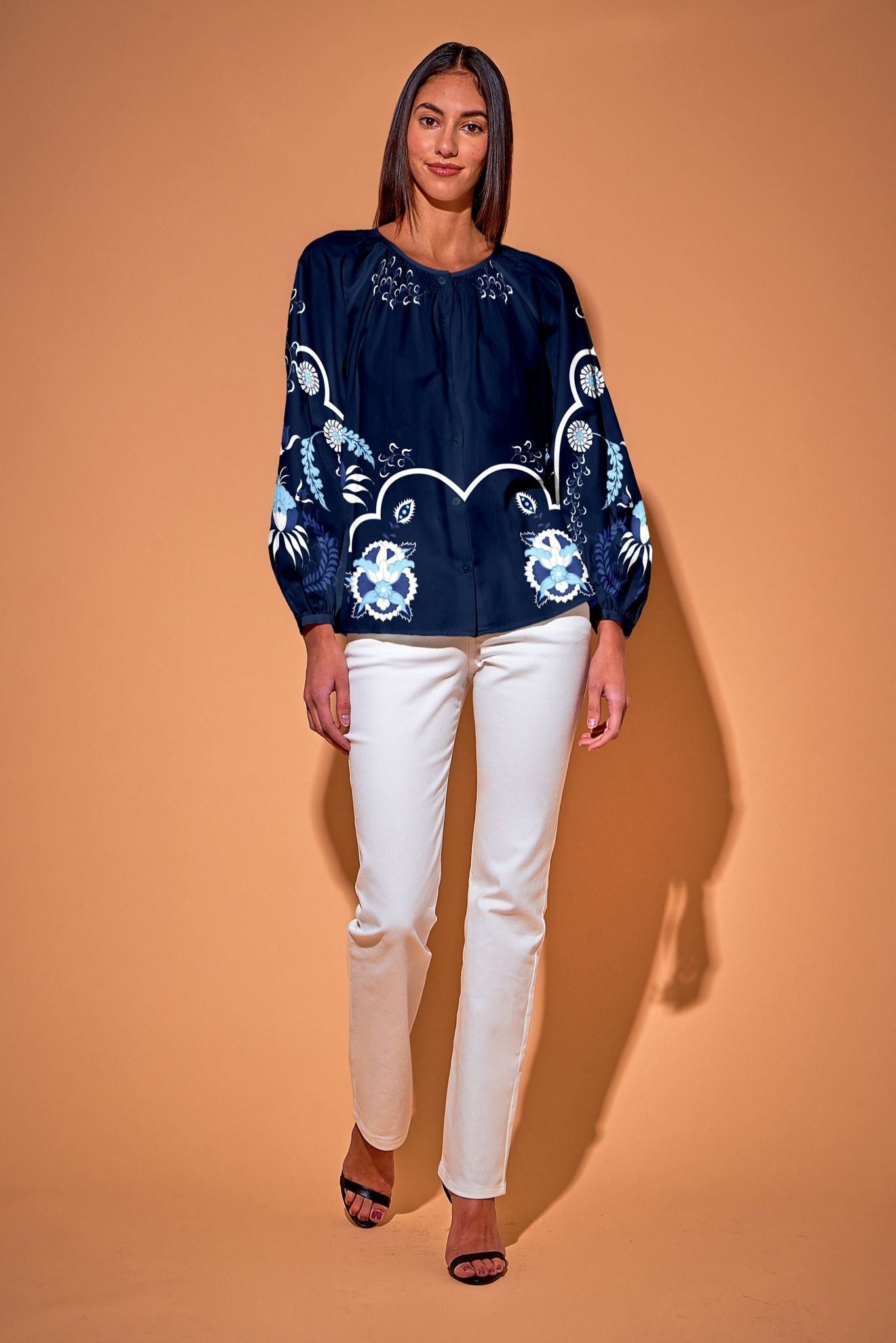 The Classic Blouse in Polished Cotton | Navy Dutch Blossoms